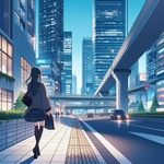 lady walking along skyscraper street, anime4.jpg