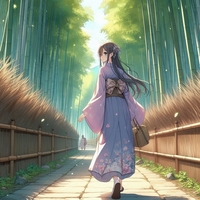 lady walking bamboo grove path, anime.jpg