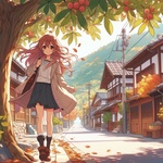 lady walking chestnut tree street of countryside, anime.jpg