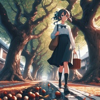 lady walking chestnut tree street, satoyama landscape, anime.jpg