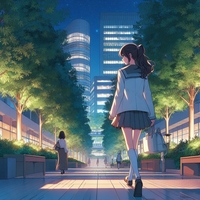 lady walking pedestrian deck, broad, lush greenery, research university town, evening, anime.jpg