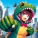lady wearing dinosaur costume and clashing city, anime.jpg