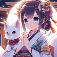 lady with little white fox, praying shrine, anime.jpg