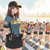 marathon staff lady, wearing cycling wear, monitoring many marathon runners, lakeside road, anime.jpg