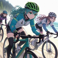 off-road sports cycling ladies, using road bike, helmet, cold day, beachside race, anime2.jpg