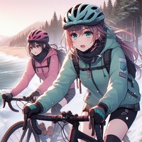off-road sports cycling ladies, using road bike, helmet, cold day, beachside race, anime3.jpg