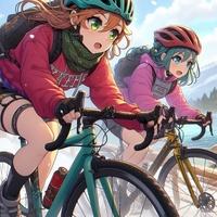 off-road sports cycling ladies, using road bike, helmet, cold day, beachside race, anime4.jpg