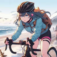 off-road sports cycling ladies, using road bike, helmet, cold day, beachside race, anime5.jpg