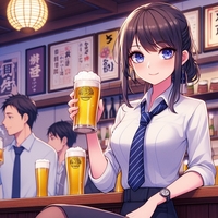 office worker lady drinking beer, Japanese pub, anime.jpg