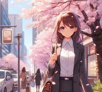 office worker lady walking cherry blossom street, anime.jpg