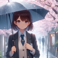 office worker lady walking cherry blossom street, rain, anime.jpg