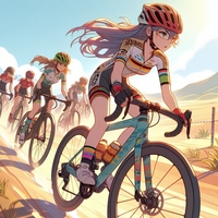 road bike race lady, wearing helmet, offroad, sunny day, anime.jpg
