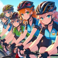 sports cycling ladies team, wearing helmet, spring cycling road, anime.jpg