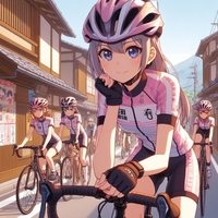 sports cycling ladies, wearing helmet, old Japanese town, anime.jpg