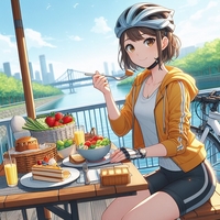 sports cycling lady eating launch, riverside open terrace, spring, anime.jpg