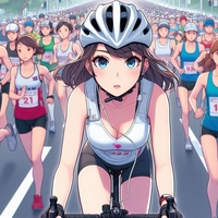 sports cycling lady following marathon runners, wearing helmet, anime.jpg