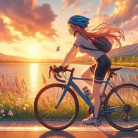 sports cycling lady riding lakeside, wearing helmet, spring sunset, anime.jpg