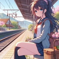 sports cycling lady sitting countryside rail station platform, spring, anime.jpg