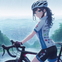 sports cycling lady standing low hill top, drizzle, anime.jpg