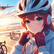 sports cycling lady wearing helmet on sunny winter airport side, anime4.jpg