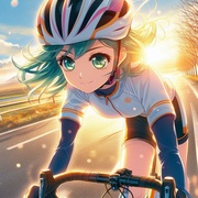 sports cycling lady wearing helmet on sunny winter countryside cycling road, anime.jpg