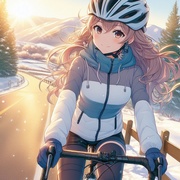 sports cycling lady wearing helmet on sunny winter countryside cyclingroad, anime.jpg