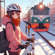 sports cycling lady wearing helmet on sunny winter countryside, waiting for local electric train passing after railway crossing, anime.jpg