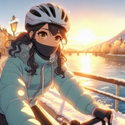 sports cycling lady wearing helmet on sunny winter riverside, anim.jpg
