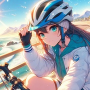 sports cycling lady wearing helmet on sunny winter seaside, anime2.jpg
