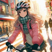 sports cycling lady wearing helmet on sunny winter shopping street, anime3.jpg