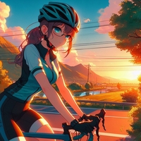 sports cycling lady, Country Roads, wearing helmet, evening sunshine, anime.jpg
