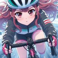 sports cycling lady, down hill, wearing helmet, cold day, anime.jpg