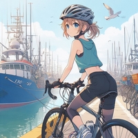 sports cycling lady, waring helmet, countryside fishing harbor, anime.jpg