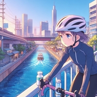sports cycling lady, wearing helmet, canal and bridge city, anime2.jpg