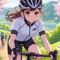 sports cycling lady, wearing helmet, hill climbing, countryside, spring, anime.jpg