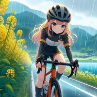 sports cycling lady, wearing helmet, lakeside road, canola flower, drizzle, anime.jpg