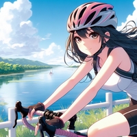 sports cycling lady, wearing helmet, lakeside, spring, anime.jpg