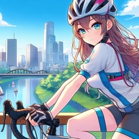 sports cycling lady, wearing helmet, riverside city, anime.jpg