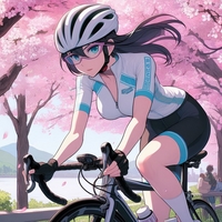 sports cycling lady, wearing helmet, riverside country course, cherry blossom, anime.jpg