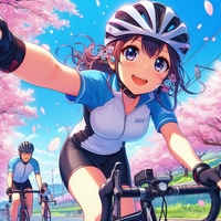 sports cycling lady, wearing helmet, riverside country course, cherry blossom, blue sky, anime.jpg