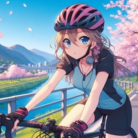 sports cycling lady, wearing helmet, riverside country course, cherry blossom, blue sky, anime2.jpg