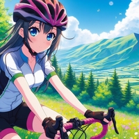 sports cycling lady, wearing helmet, verdure hill, anime.jpg
