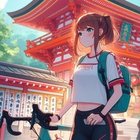 sports cycling wear lady, walking Japanese shrine, anime.jpg