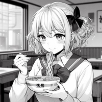 university student lady eating ramen, monochrome, anime.jpg